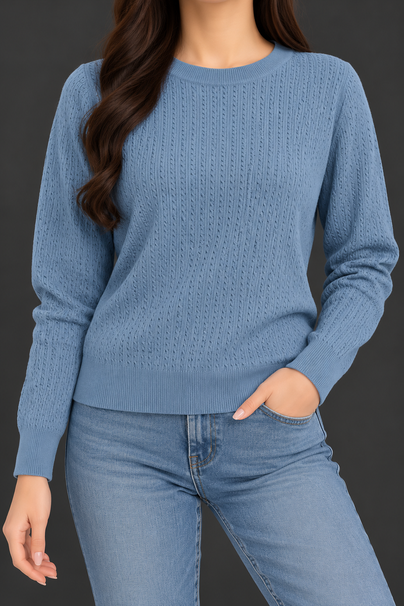 Women’s Dusty Blue Cable Knit Sweater – Full Sleeve Crew Neck Pullover-MU386
