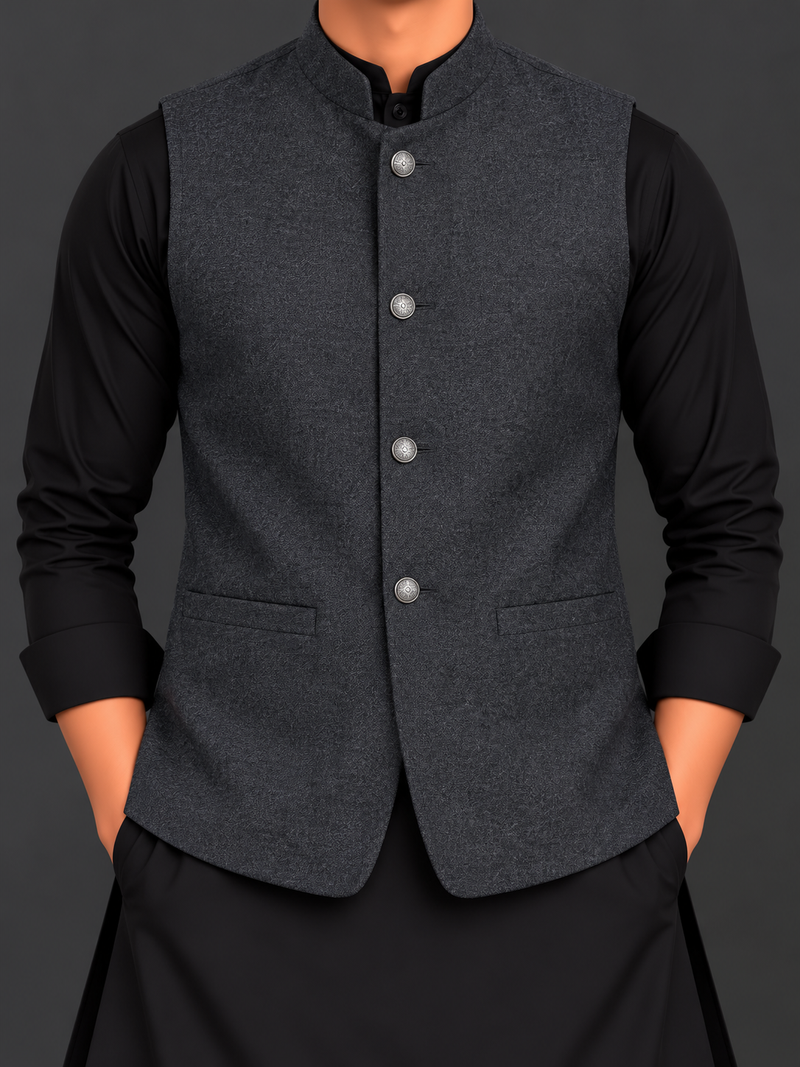 Men’s Premium Charcoal Grey Waistcoat with Classic Stand Collar-M$07