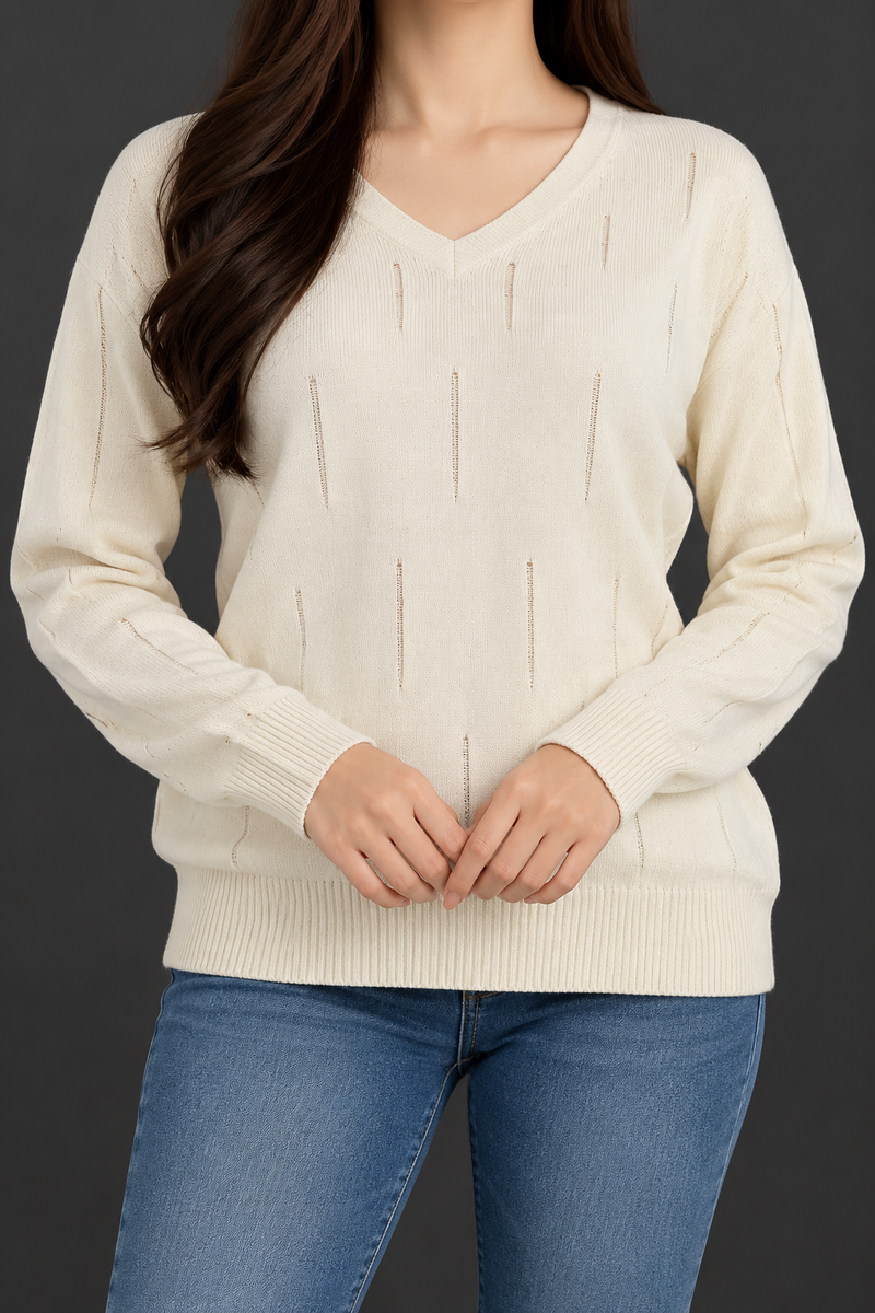 Women’s Ivory Cream V-Neck Textured Knit Sweater – Full Sleeve Winter Pullover-MU395