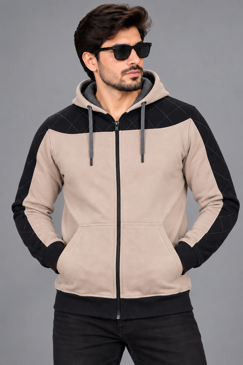 Men’s Beige & Black Quilted Panel Zip-Up Hoodie – Stylish Winter Jacket-MU299