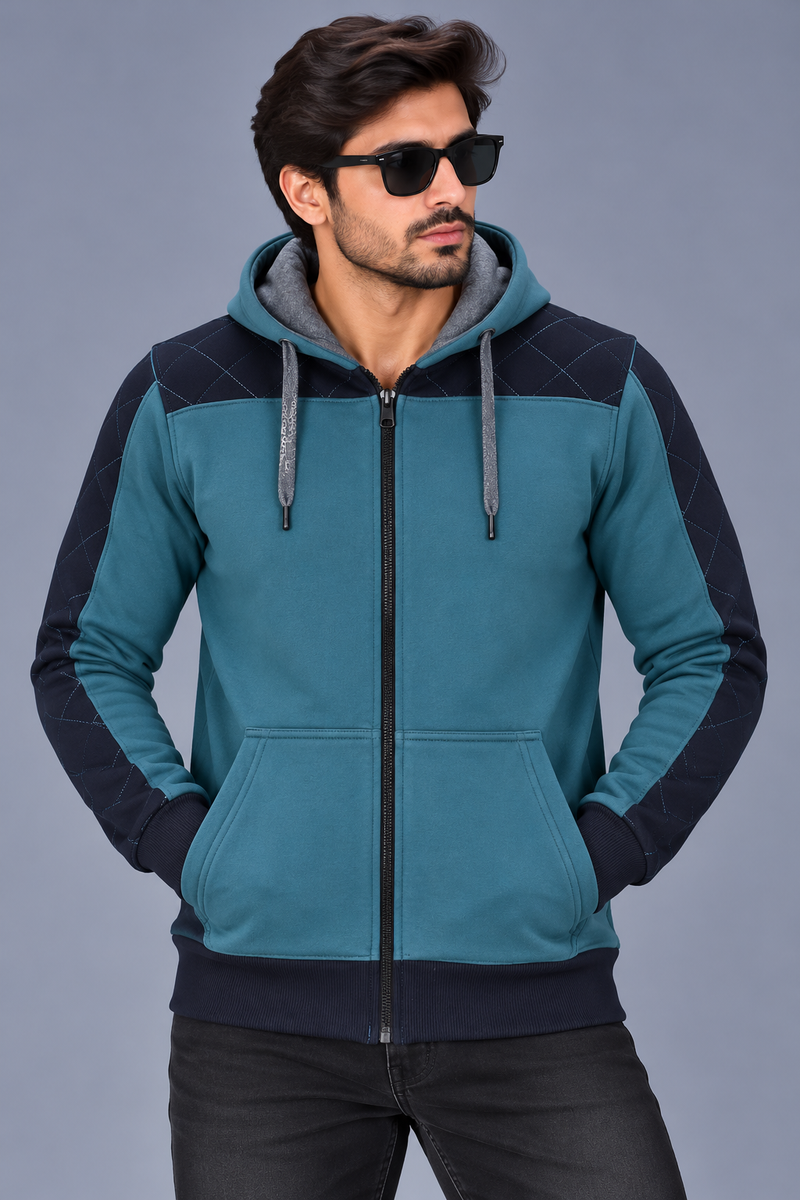 Men’s Teal Blue & Black Quilted Shoulder Panel Zip-Up Hoodie – Stylish Winter Wear-MU316
