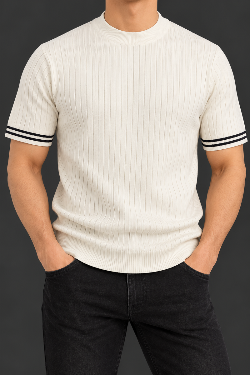 Men’s Cream Ribbed Knit T-Shirt with Contrast Striped Sleeves – Mock Neck Short Sleeve Casual Top-MU398