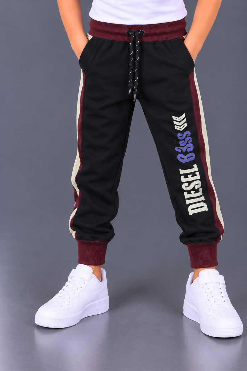 Kids Black & Maroon Contrast Panel Fleece Jogger Trouser – Regular Fit-MU288
