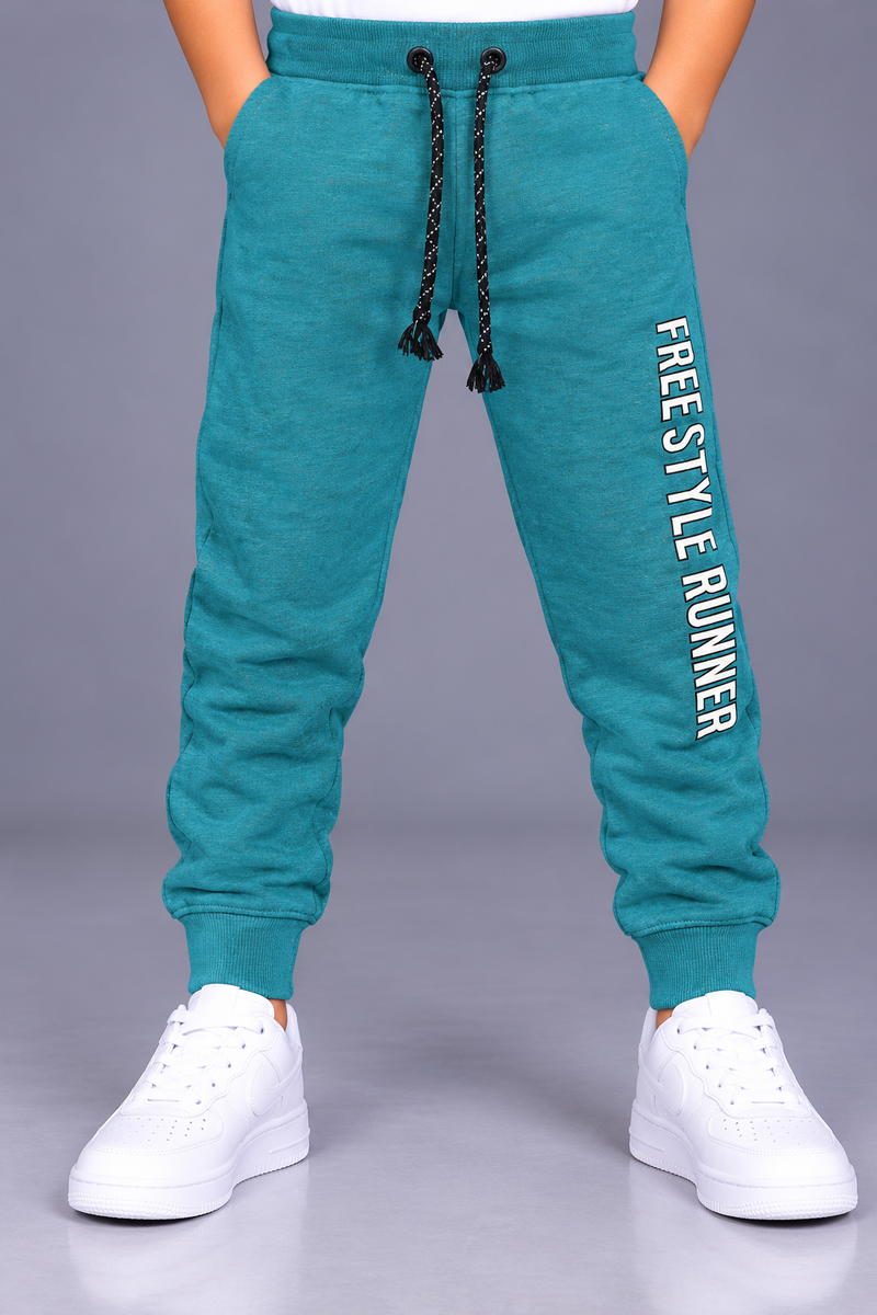 Kids’ Teal Blue Jogger Trouser with “Free Style Runner” Print – Regular Fit-MU134