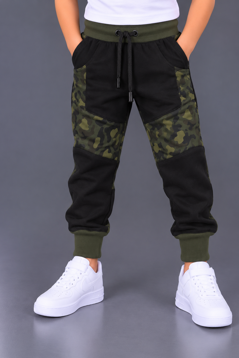 Kids Black & Olive Green Camouflage Panel Fleece Jogger Trouser-MU286