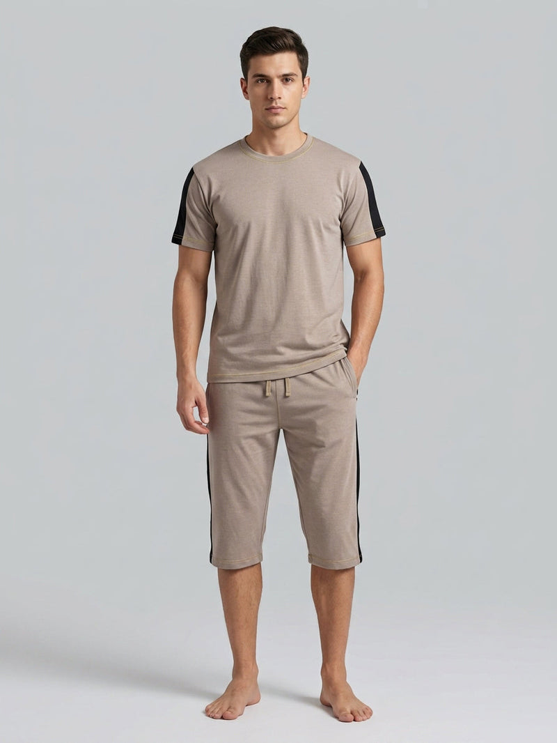 Summer Co Ord Set For Men-Light Brown Melange-BE6043