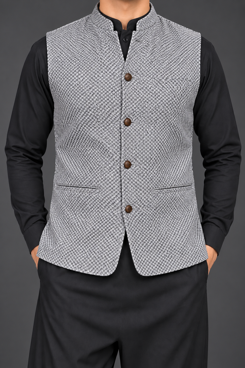 Men’s Premium Textured Grey Waistcoat – Classic Nehru Collar-M$12