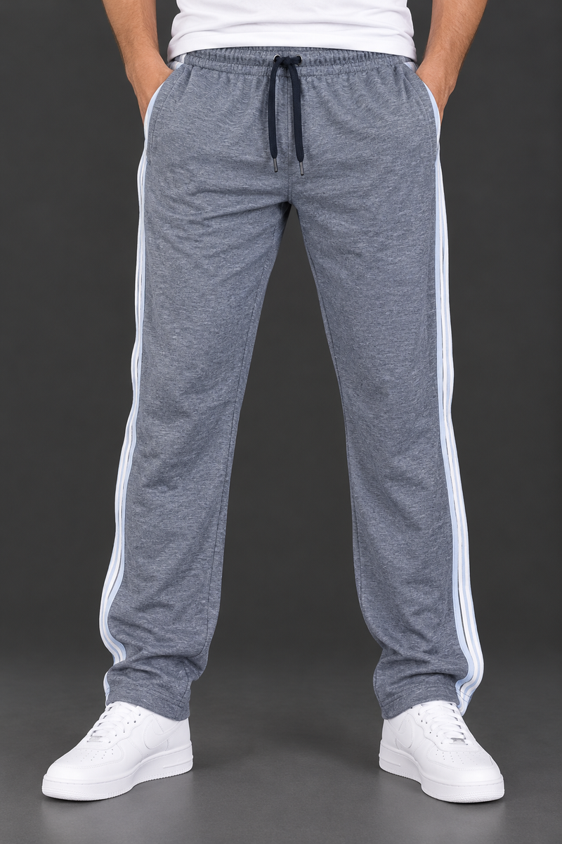 Men’s Heather Grey Straight-Fit Jogger Trousers with White Side Stripes-MU446