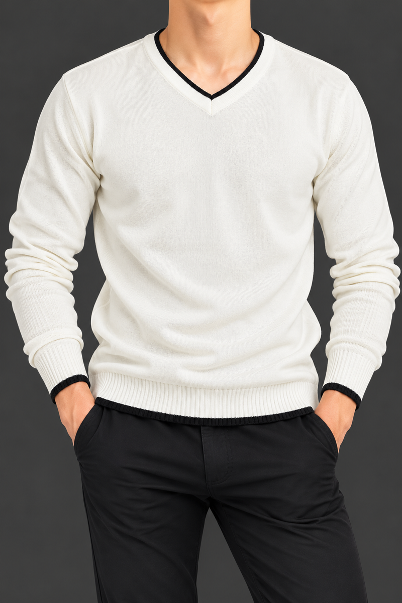 Men’s Off-White V-Neck Sweater with Black Contrast Trims – Premium Full Sleeve Winter Wear-MU372