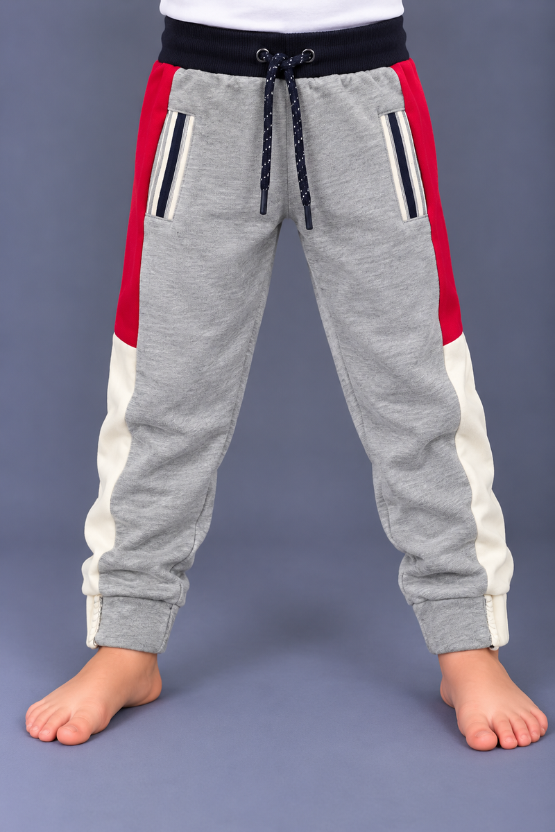 Kids Grey, Red & Cream Color-Block Jogger Sweatpants-MU318