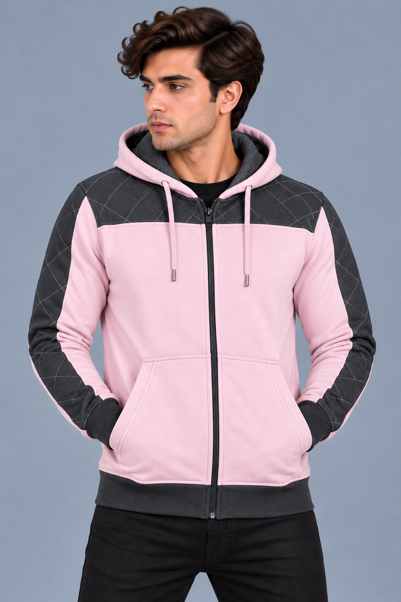 Men’s Light Pink Zip-Up Hoodie with Dark Grey Quilted Shoulder & Sleeve Panels-MU311