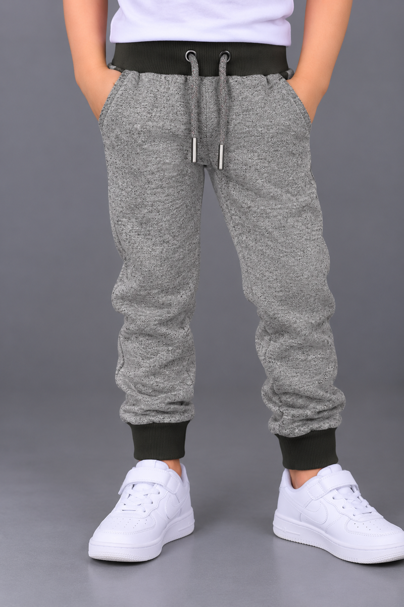 Kids Grey Melange Fleece Jogger Trousers with Green Ribbed Cuffs-MU270