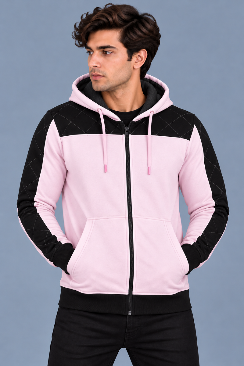 Men’s Light Pink Hoodie with Black Quilted Shoulder & Sleeve Panels-MU313