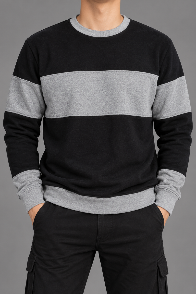 Men’s Black & Grey Colorblock Fleece Sweatshirt – Regular Fit-MU435