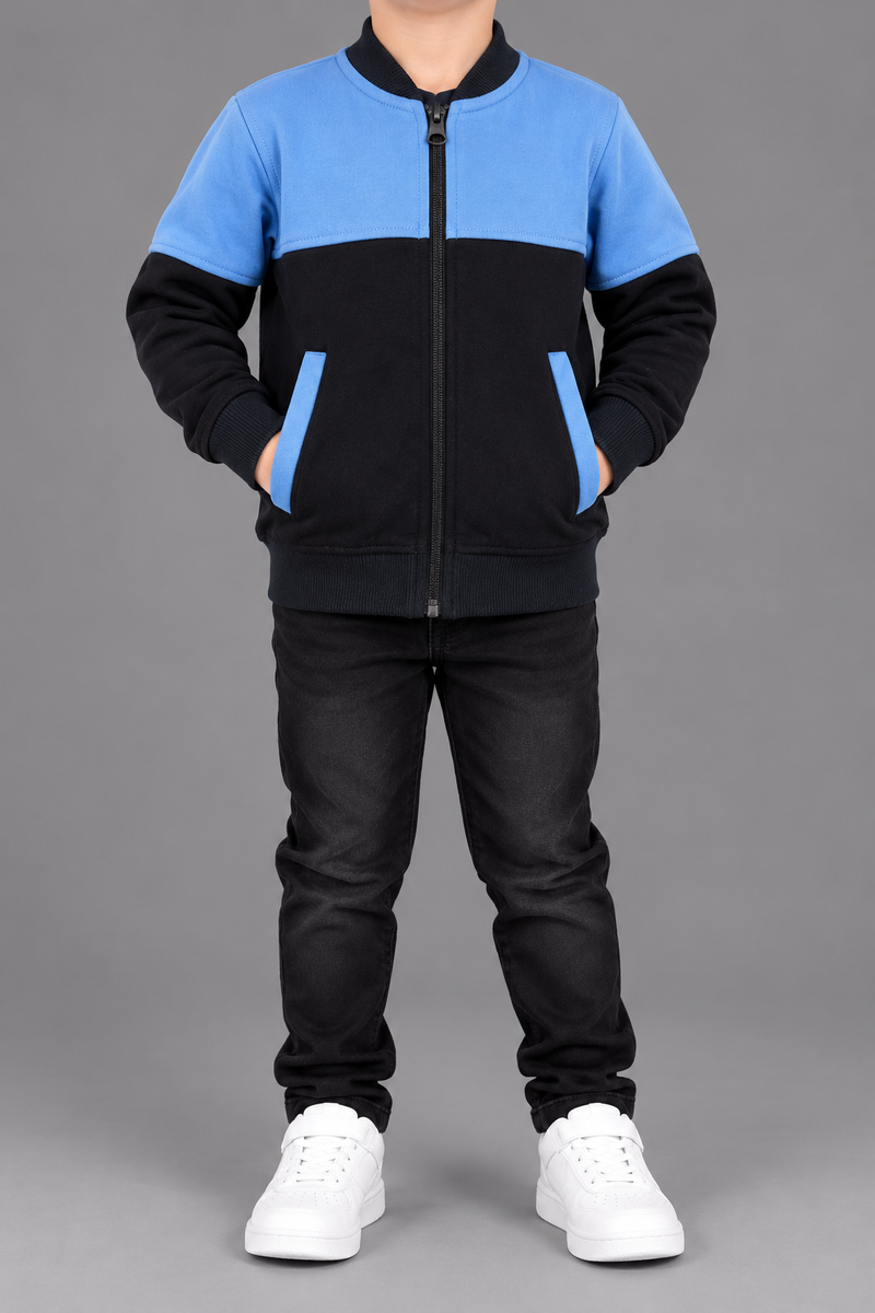 Kids Boys Light Blue & Black Color Block Zipper Jacket-MU426
