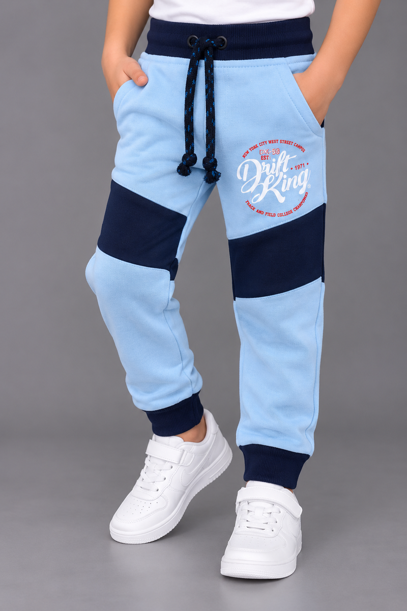 Boys Fleece Light Blue & Navy Blue Drift King Printed Jogger Trouser-MU253