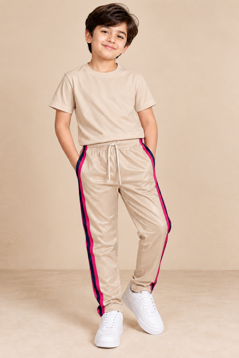 Premium Kids single jersey Trousers Light Beige with ,Side Stripe p102
