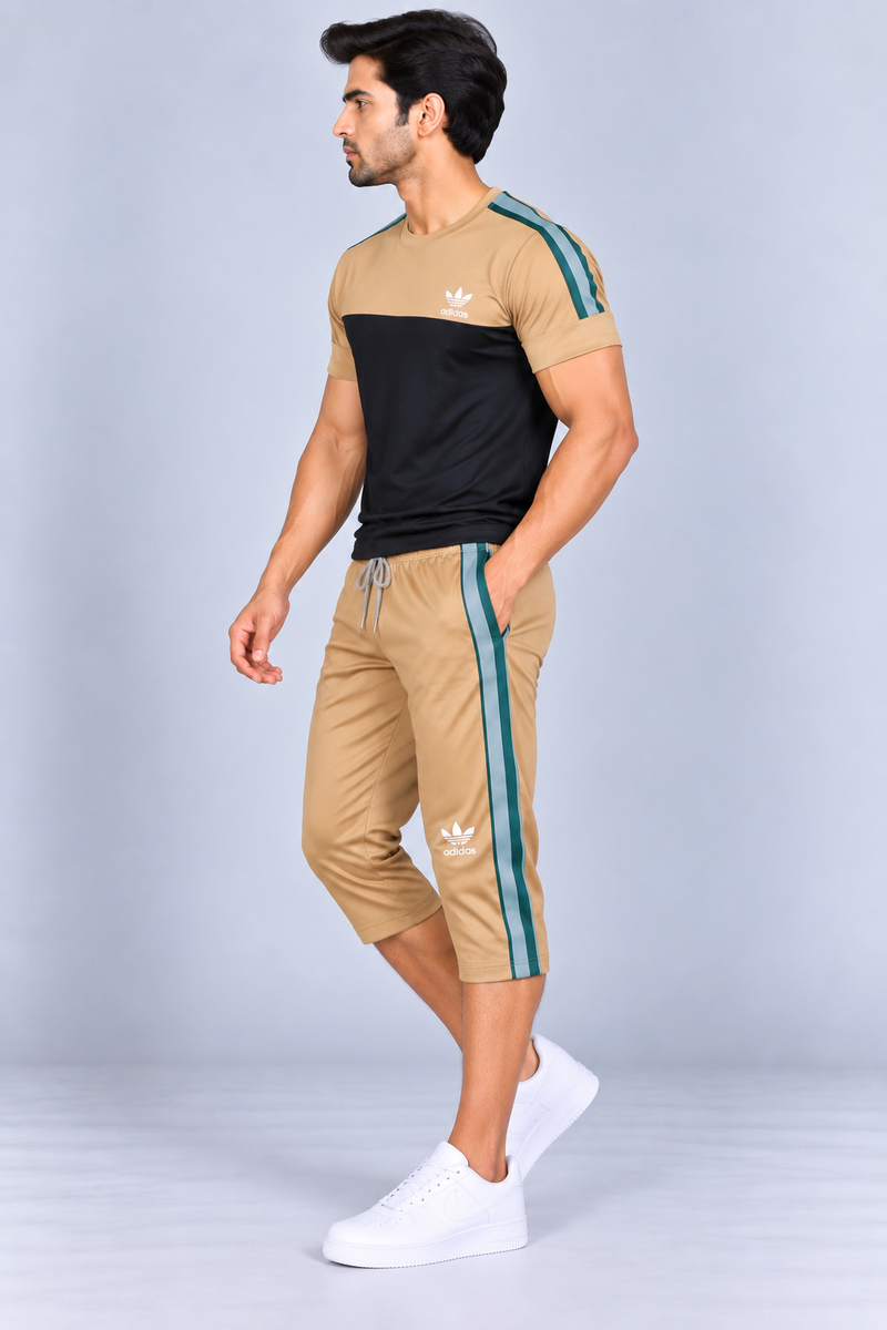 Summer Co Ord Set For Men- camel & Black-BE52