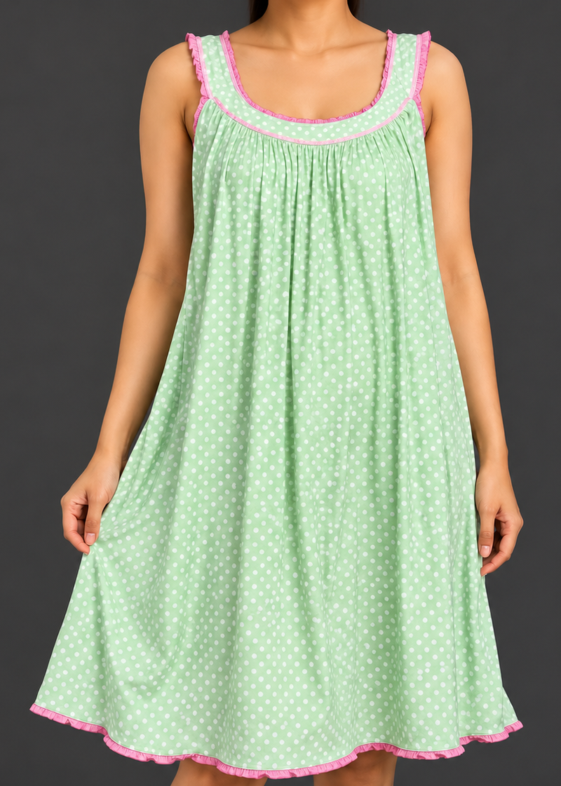Ladies Mint Green Polka Dot Sleeveless Night Dress with Pink Frill-MU473