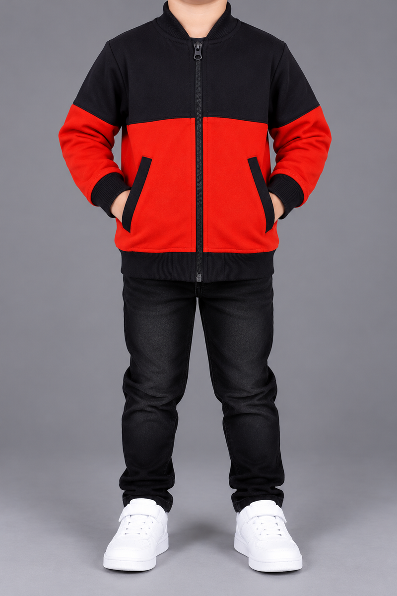 Kids Boys Orange & Black Color Block Zipper Jacket-MU430