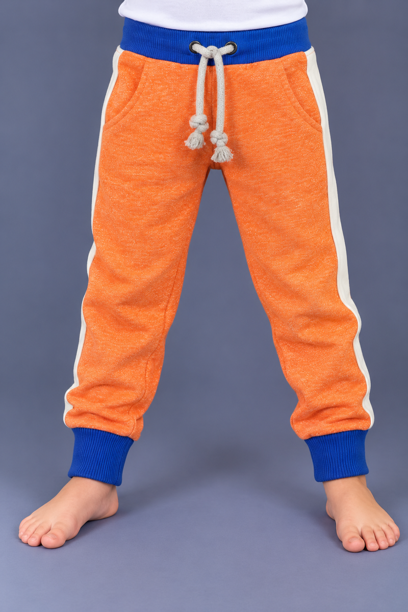 Kids Orange Fleece Jogger Trouser with Blue Waistband & White Side Stripes-MU317