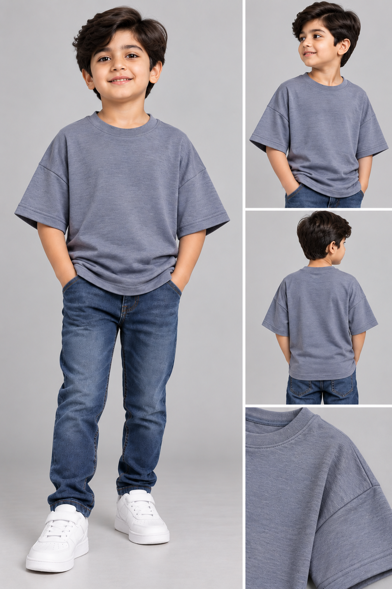 Kids Oversized Down Shoulder Textured T-Shirt – dull Grey na40