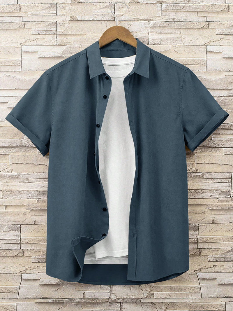 Louis Vicaci Super Stretchy Slim Fit Half Sleeve Summer Button Down Shirt For Men-Navy-RT2535