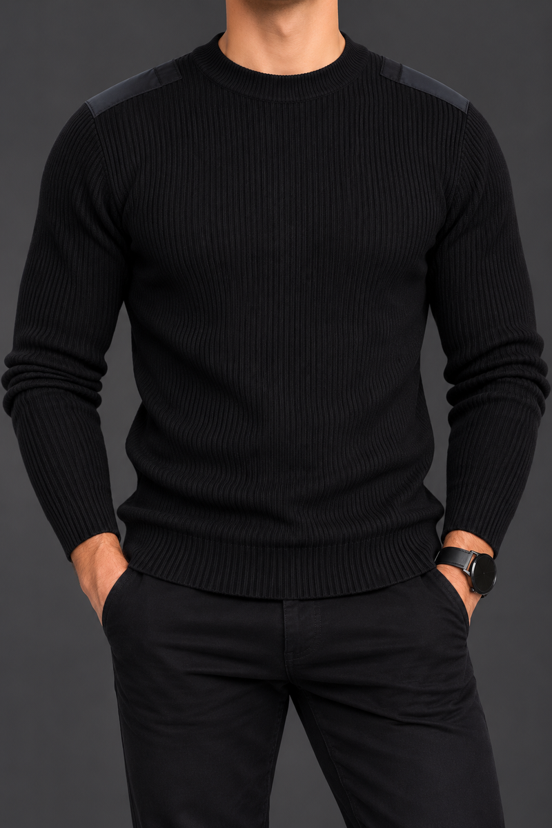 Men’s Jet Black Ribbed Knit Sweater with Shoulder Flap Detail – Premium Winter Wear-MU354