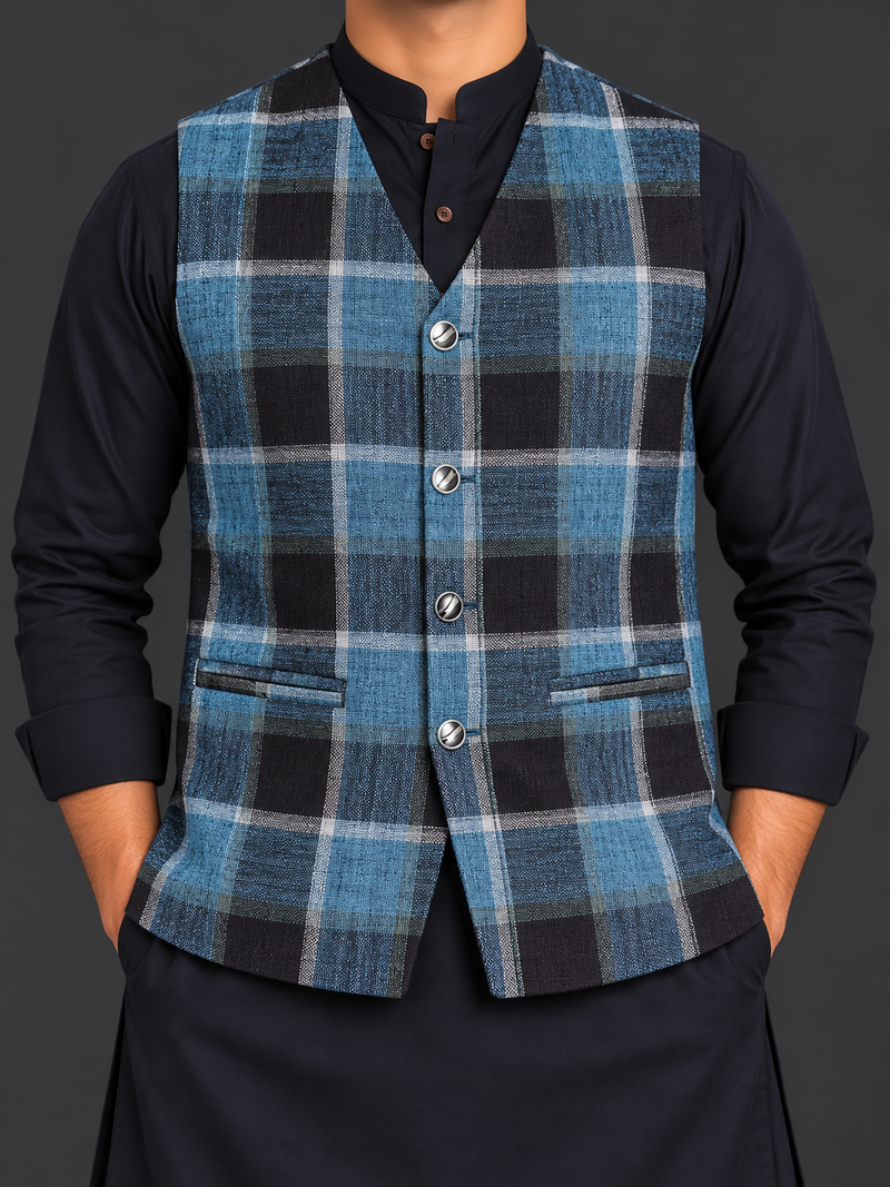 Men’s Premium Blue Black Checkered Waistcoat – Classic Traditional Style-MU487