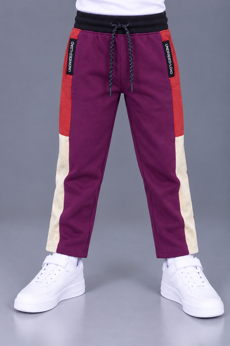 Kids’ Purple Straight-Fit Trouser with Red & Cream Side Panels – Adjustable Drawstring Waist-MU186