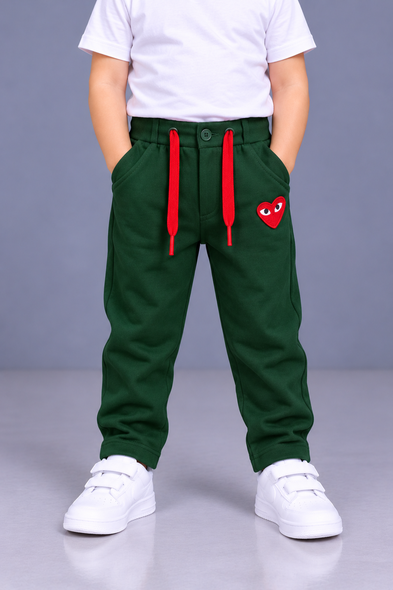Kids’ Dark Green Straight-Fit Trouser with Red Drawstring & Heart Patch-MU145