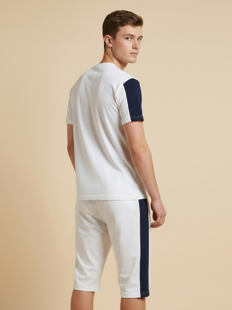 Summer Co Ord Set For Men-Off White & Navy-BE1981