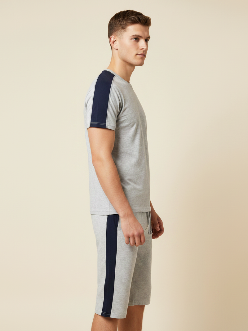 Summer Co Ord Set For Men-Light Grey Melange & Navy-BE1913