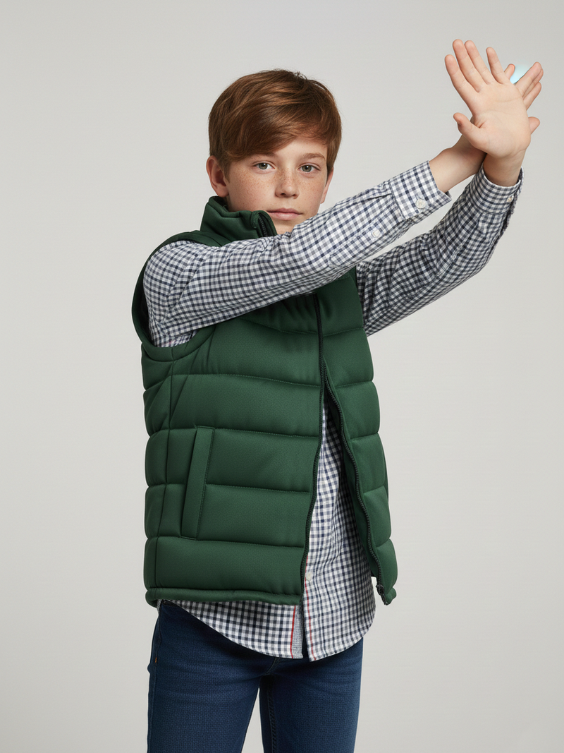 Stylish Sleeveless Winter Zipper Mockneck Jacket For Kids-Forest Green-RSJ05