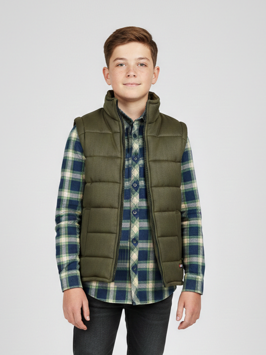 Stylish Sleeveless Winter Zipper Mockneck Jacket For Kids-Olive Green-RSJ07