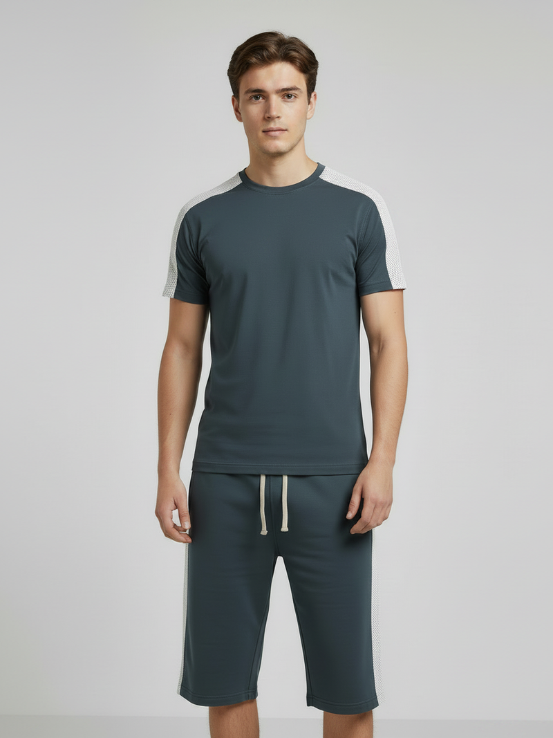 Summer Co Ord Set For Men-Dark Grey & White Panel-BE3200