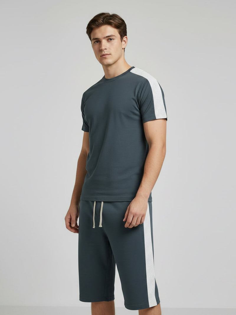 Summer Co Ord Set For Men-Dark Grey & White Panel-BE3200
