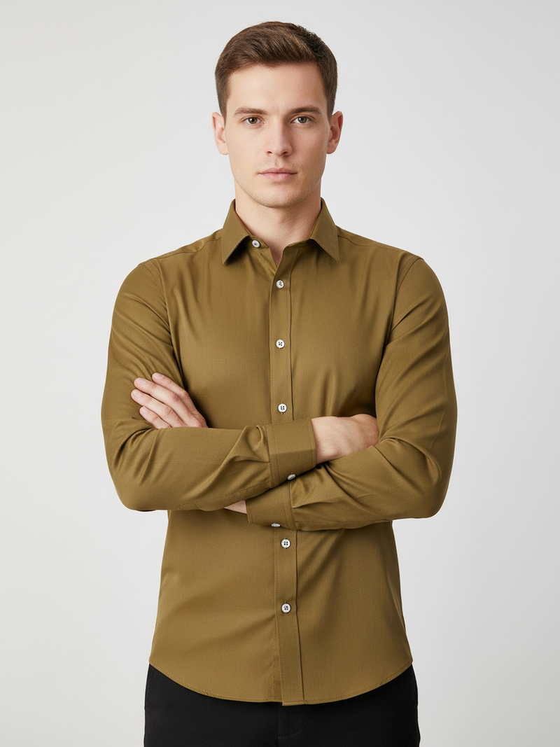 Rawgear Stretchy Slim Fit Long Sleeve Casual Shirt For Men-Khaki-RG02