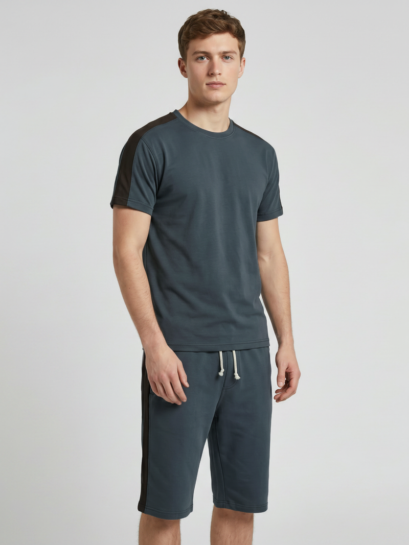 Summer Co Ord Set For Men-Dark Grey & Chocolate Panel-BE7213
