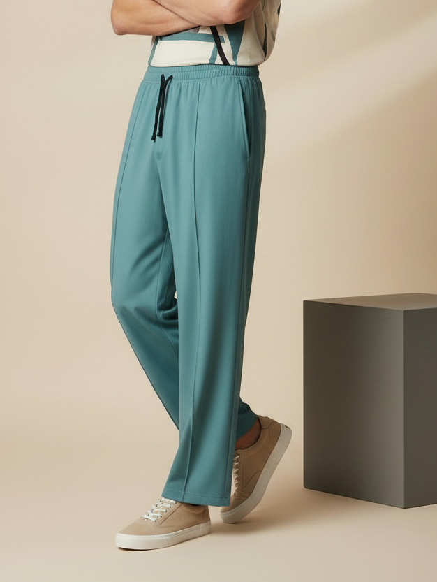 Stylish Tale Blue Wide-Leg Pleated Summer Lycra Trousers For Men-NST13