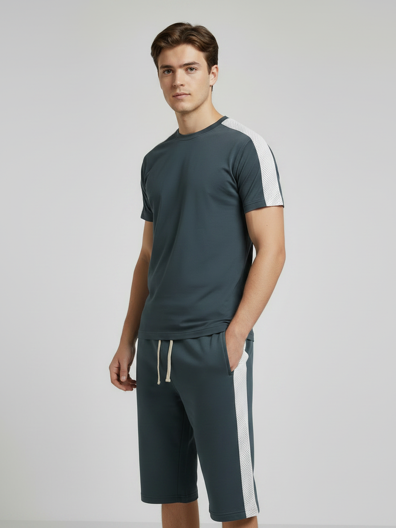 Summer Co Ord Set For Men-Dark Grey & White Panel-BE3200