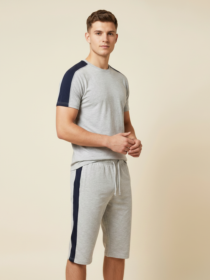 Summer Co Ord Set For Men-Light Grey Melange & Navy-BE1913