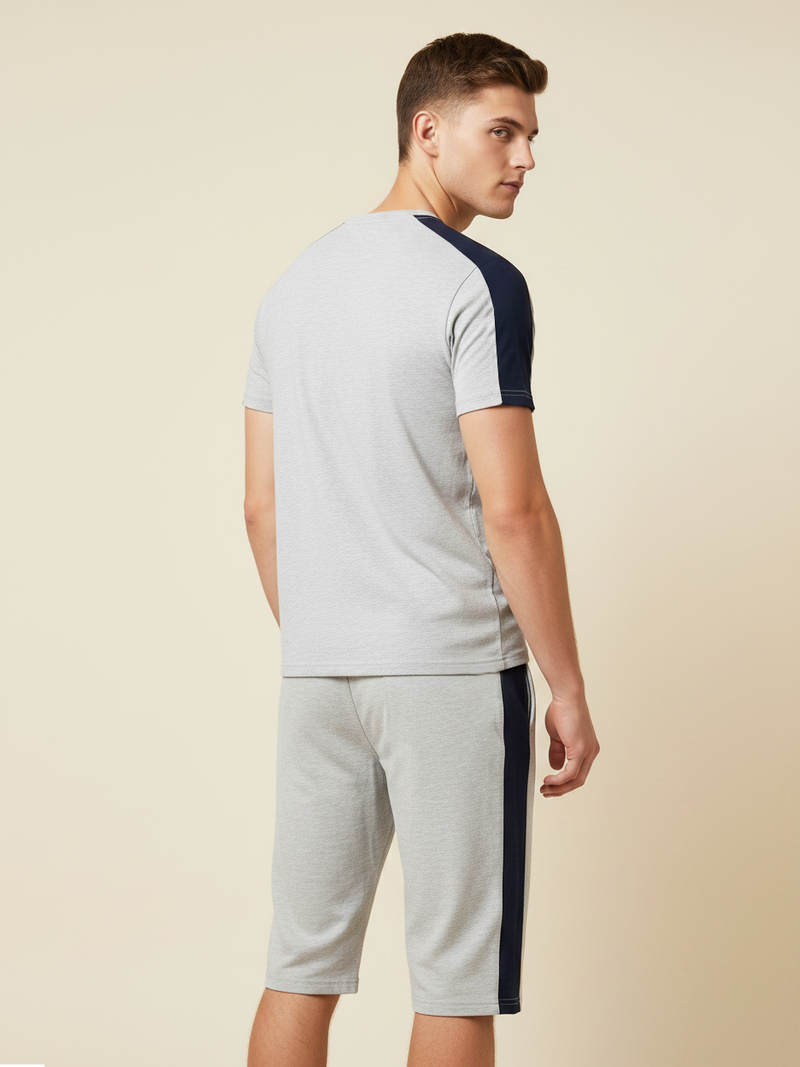 Summer Co Ord Set For Men-Light Grey Melange & Navy-BE1913
