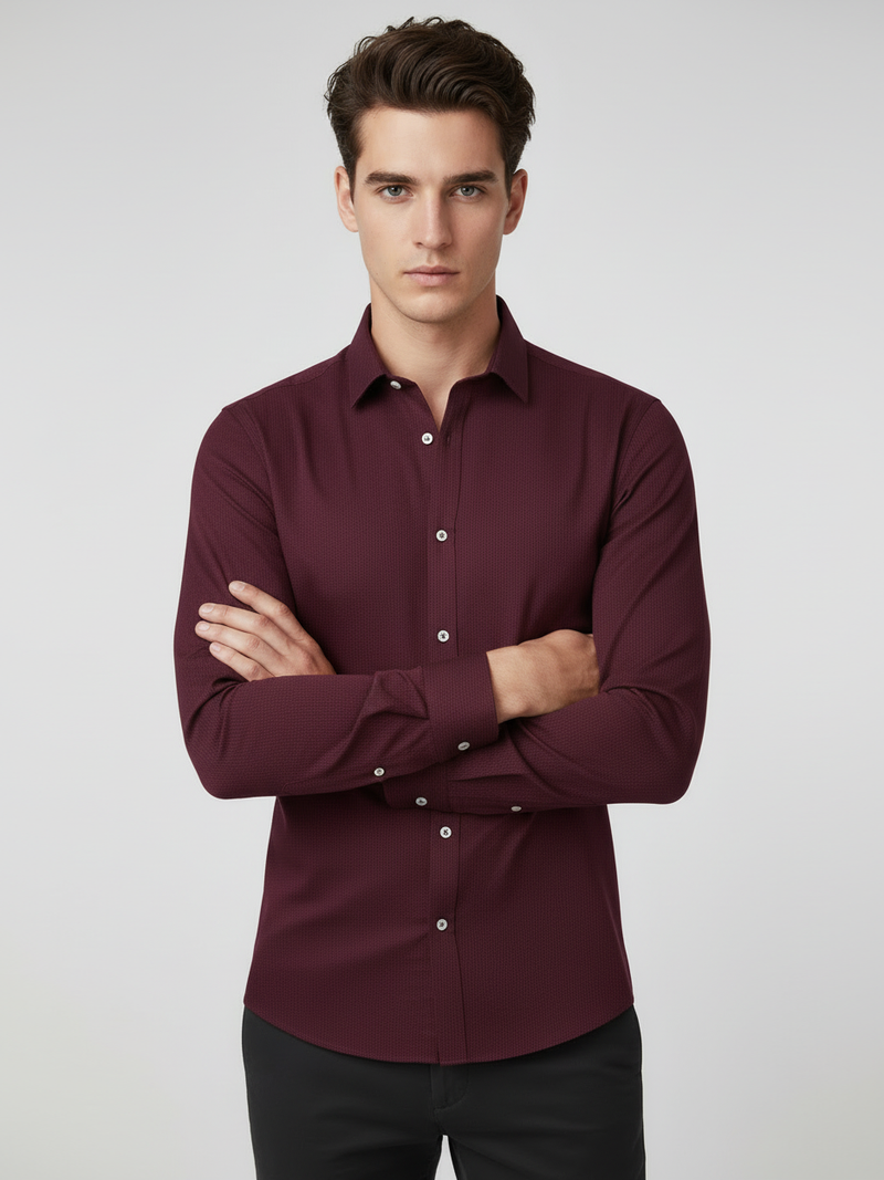 Rawgear 4 Side Lycra Slim Fit Long Sleeve Casual Shirt For Men-Dark Burgundy With Subtle Texture-RG09