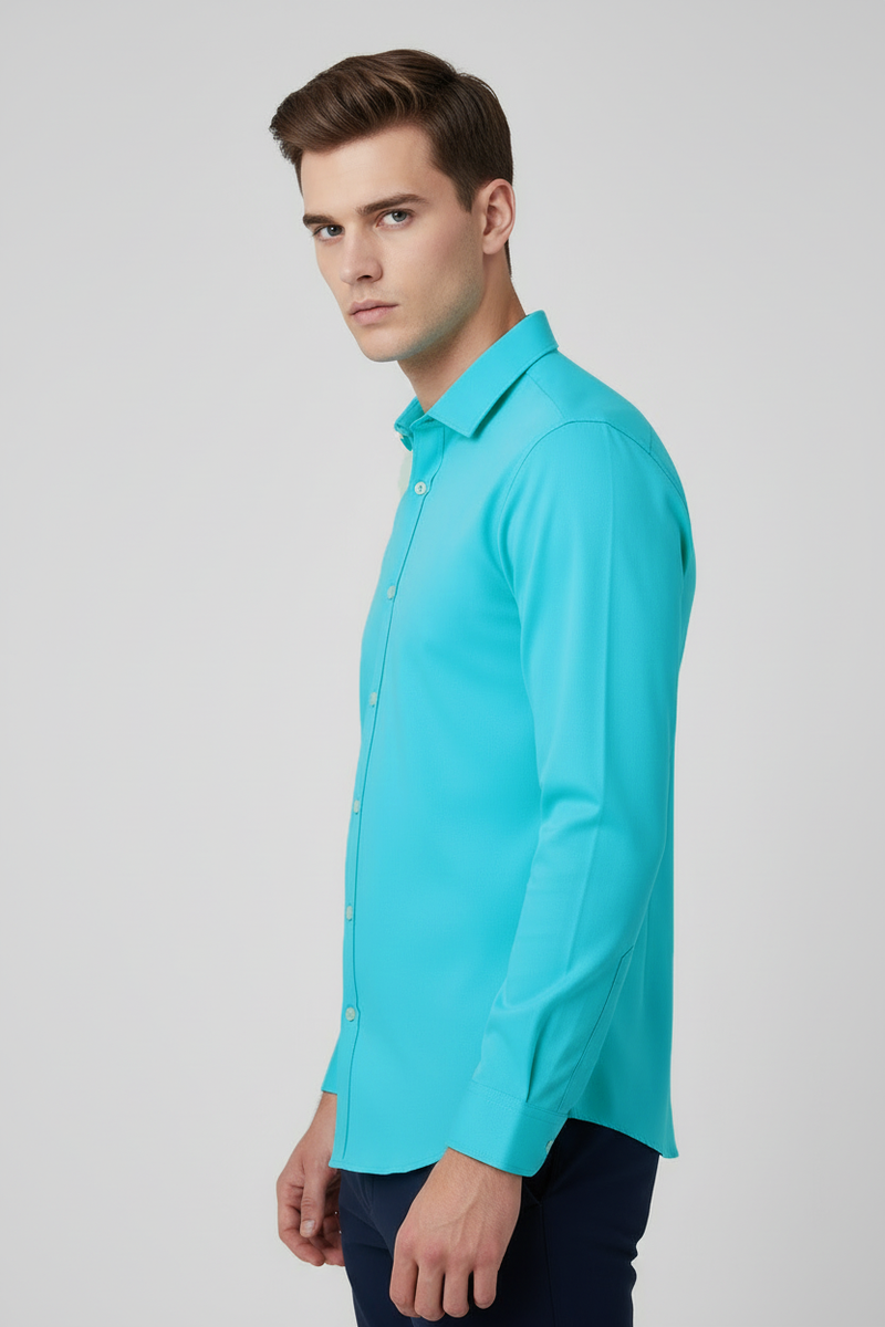 Rawgear 4 Side Lycra Slim Fit Long Sleeve Casual Shirt For Men-Cyan Blue-RG15
