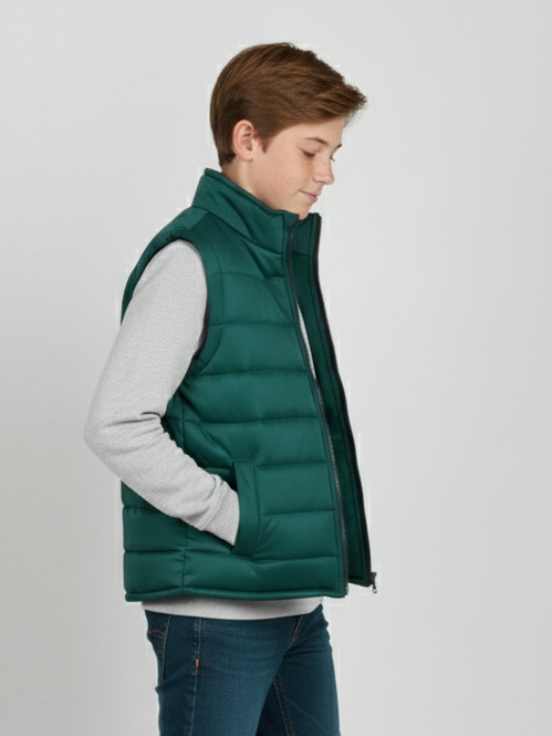 Stylish Sleeveless Winter Zipper Mockneck Jacket For Kids-Pine Green-RSJ06