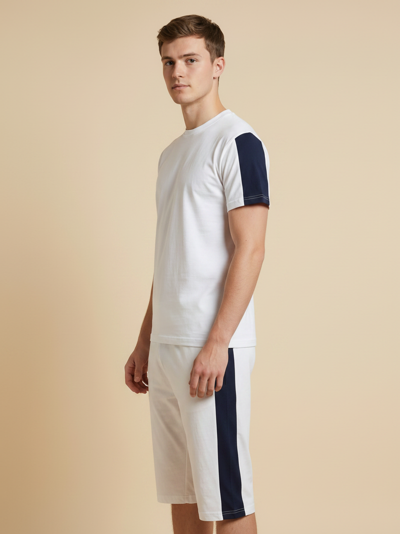 Summer Co Ord Set For Men-Off White & Navy-BE1981