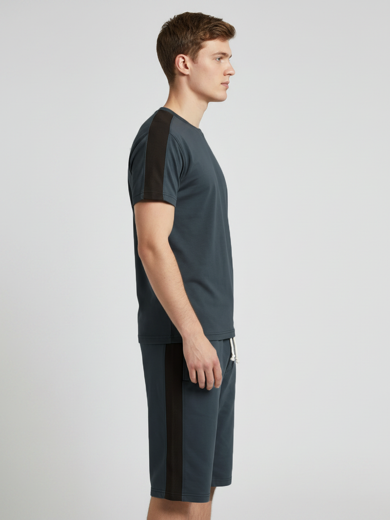 Summer Co Ord Set For Men-Dark Grey & Chocolate Panel-BE7213