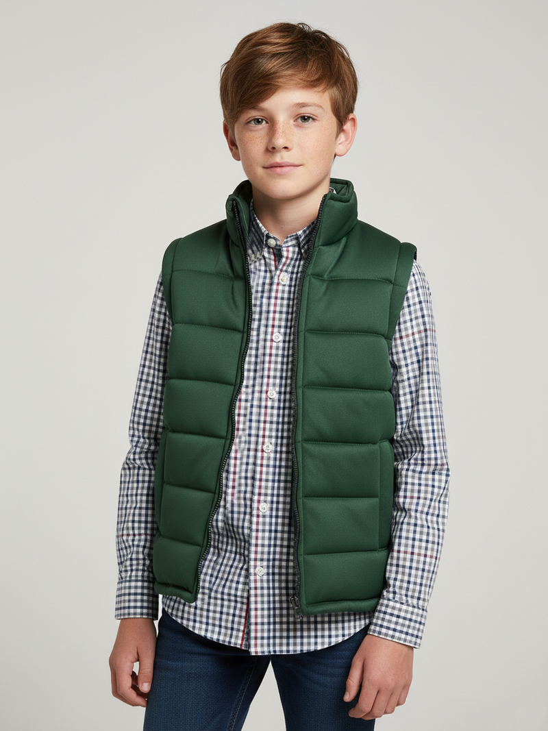 Stylish Sleeveless Winter Zipper Mockneck Jacket For Kids-Forest Green-RSJ05