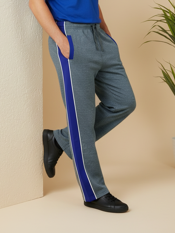 Stylish Regular Fit Summer Trouser For Men-Charcoal Melange With Royal Blue Stripe-NST25